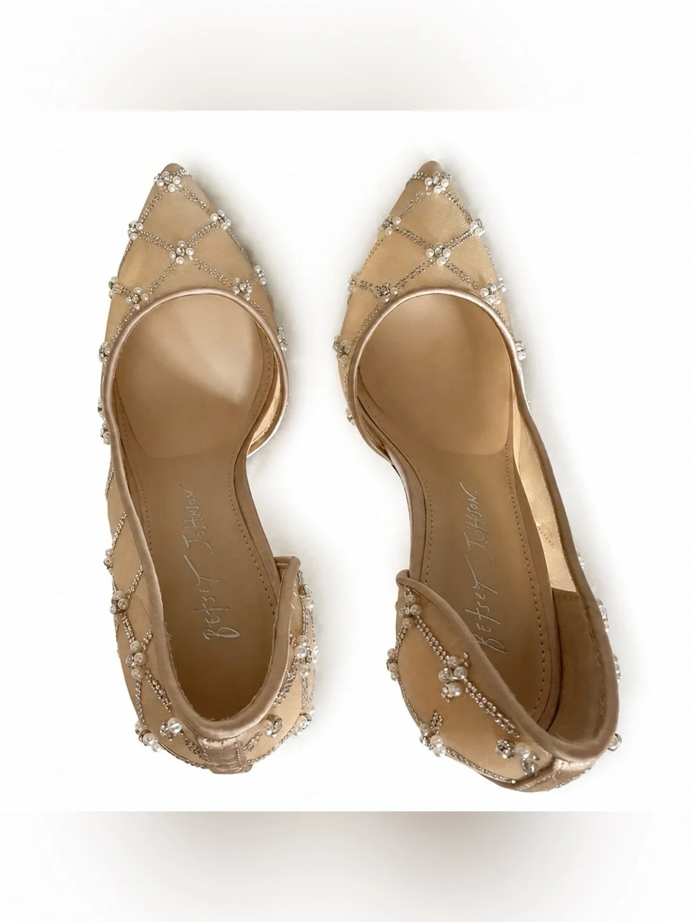 Betsey Johnson Cruze Rhinestone Pearl Mesh Pumps Nude Heels Size 6.5 W/Box